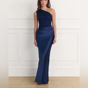 Aware Barcelona Kaia dress in dark blue satin one shoulder